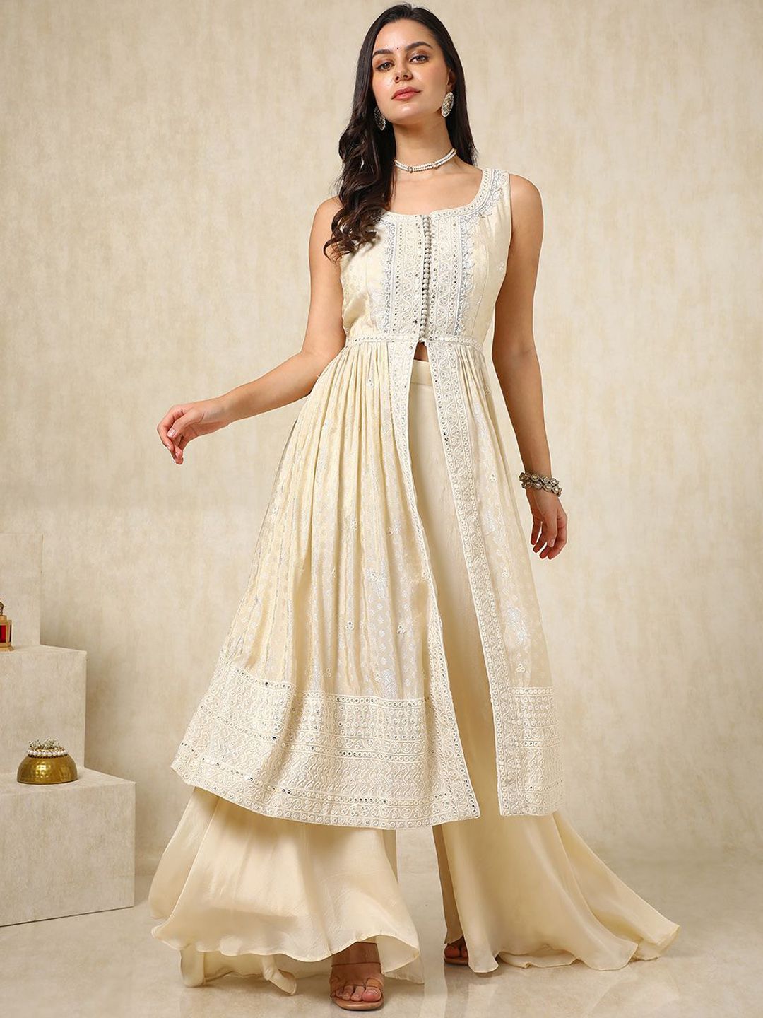 Dhiyona SO Women's Alina Cut Ethnic Motifs Embroidered Sequinned Anarkali Kurta with Palazzos & Dupatta