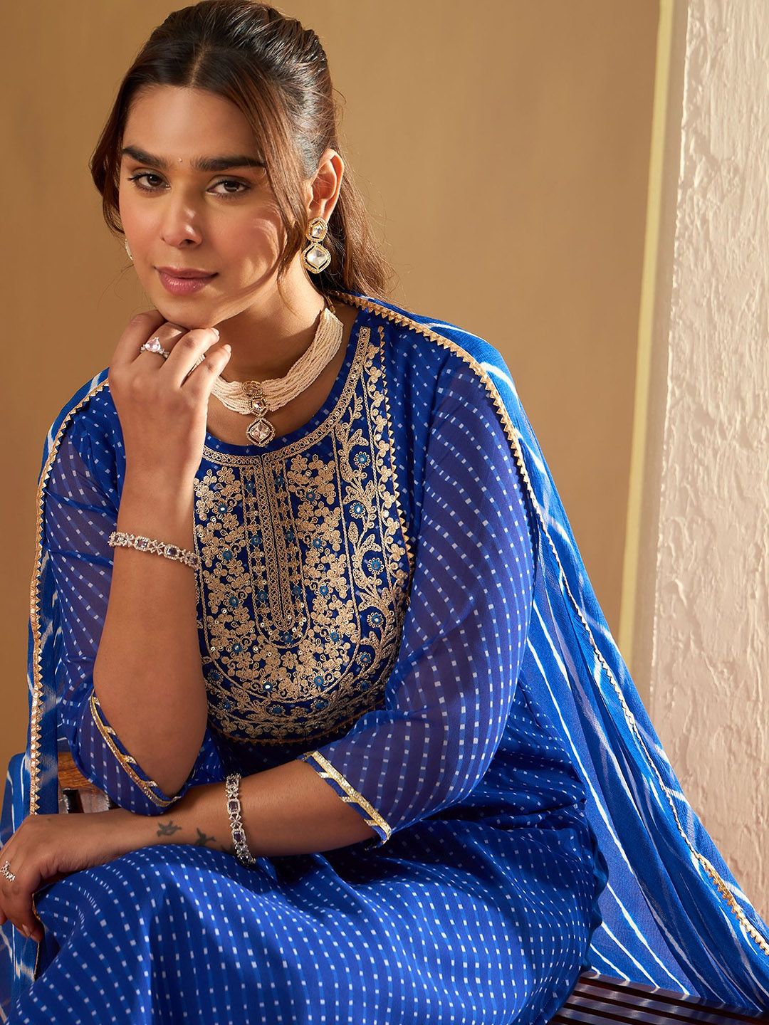 Leheriya Printed Thread Work Round Neck Georgette Kurta With Trousers & Dupatta