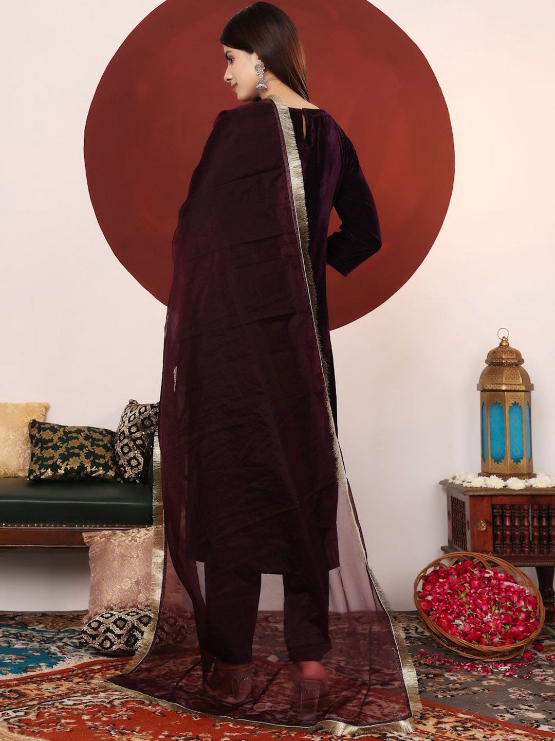 Dhiyona VA Women'sGota Patti Lace Velvet Winter kurta with Trouser & Dupatta
