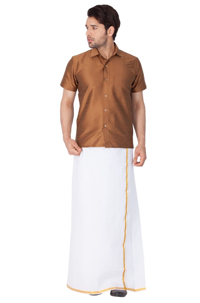 Men's Coffee Silk Blend Straight Ethnic Shirt