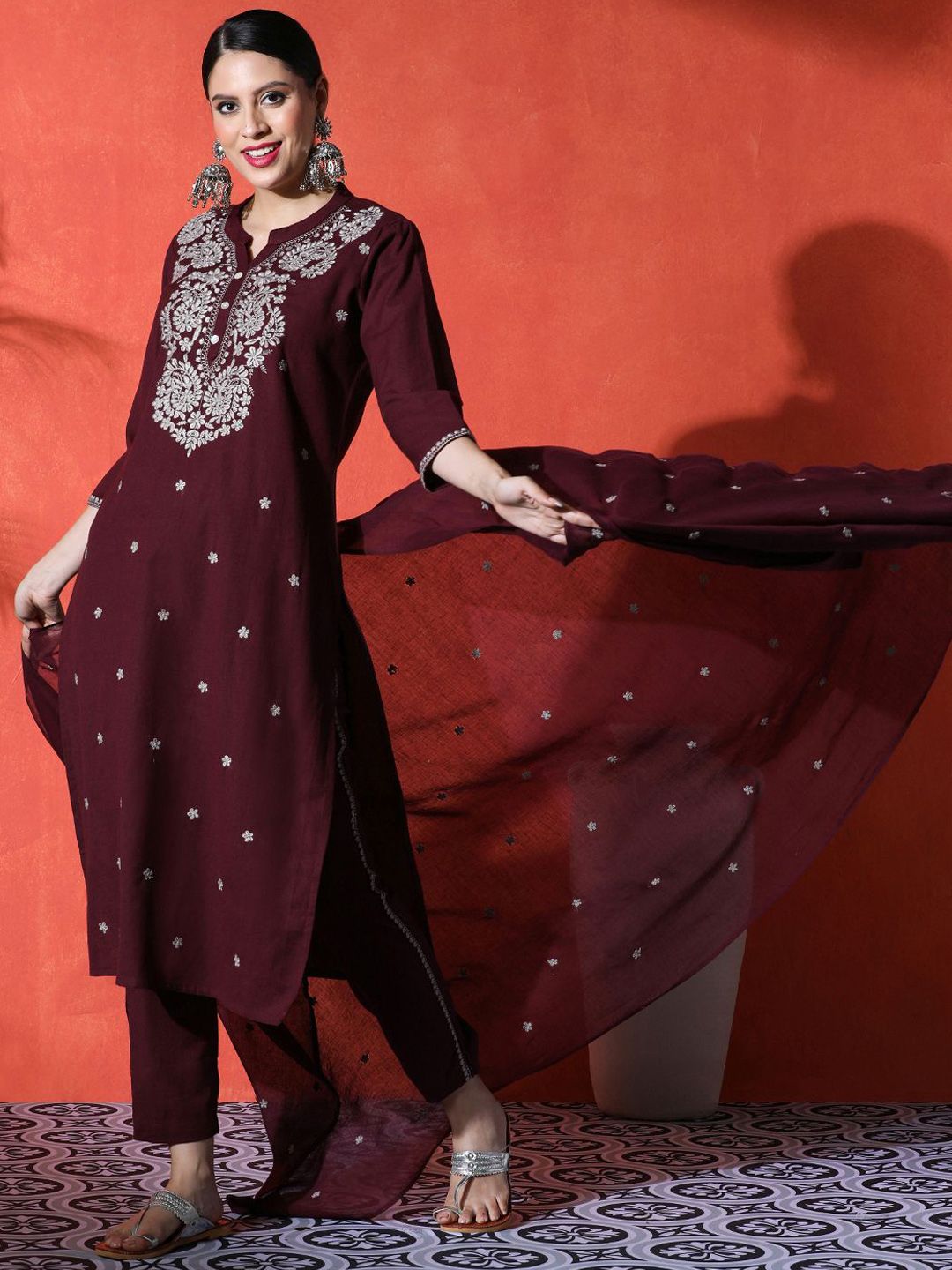 Dhiyona SN Women's Floral Embroidered Notch Neck A-Line Kurta & Trousers With Dupatta