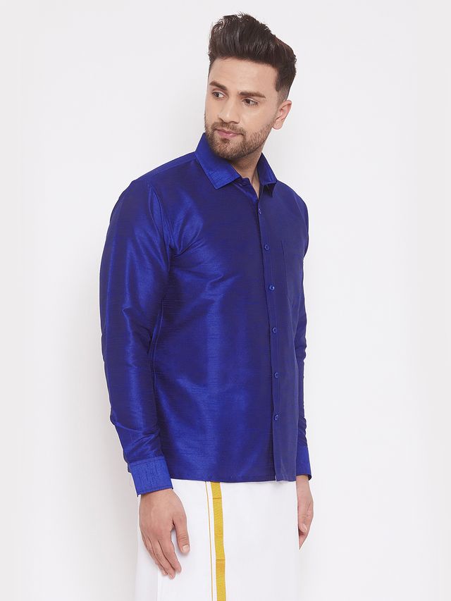 Men's Blue Silk Blend Straight Shirt And Mundu