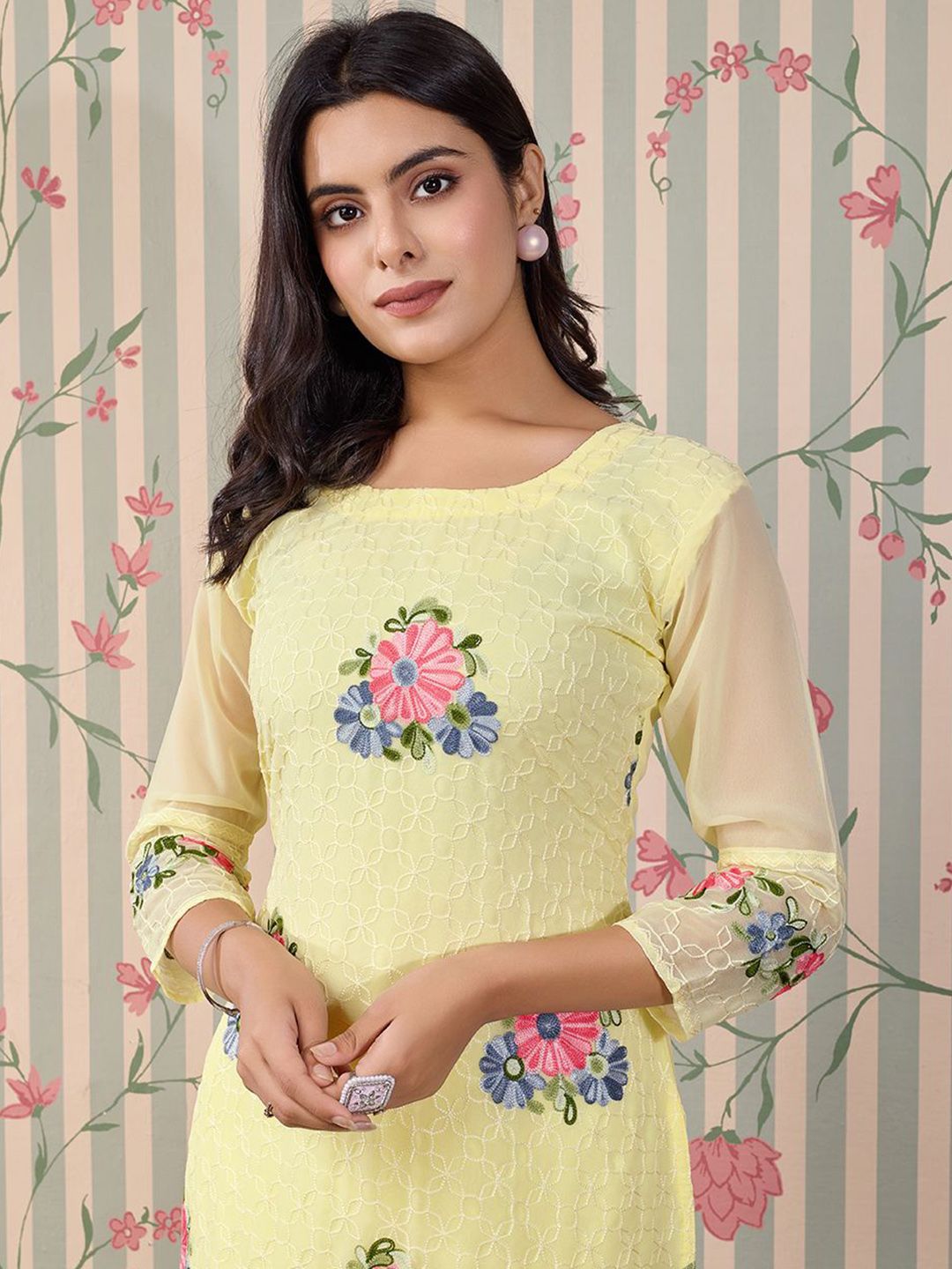 Dhiyona OD Floral Embroidered Thread Work Floral Georgette Straight Kurta
