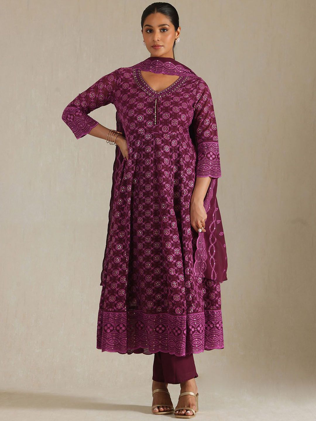 Dhiyona SO Women's Geometric Embroidered Thread Work Georgette Anarkali Kurta With Trousers And Dupatta