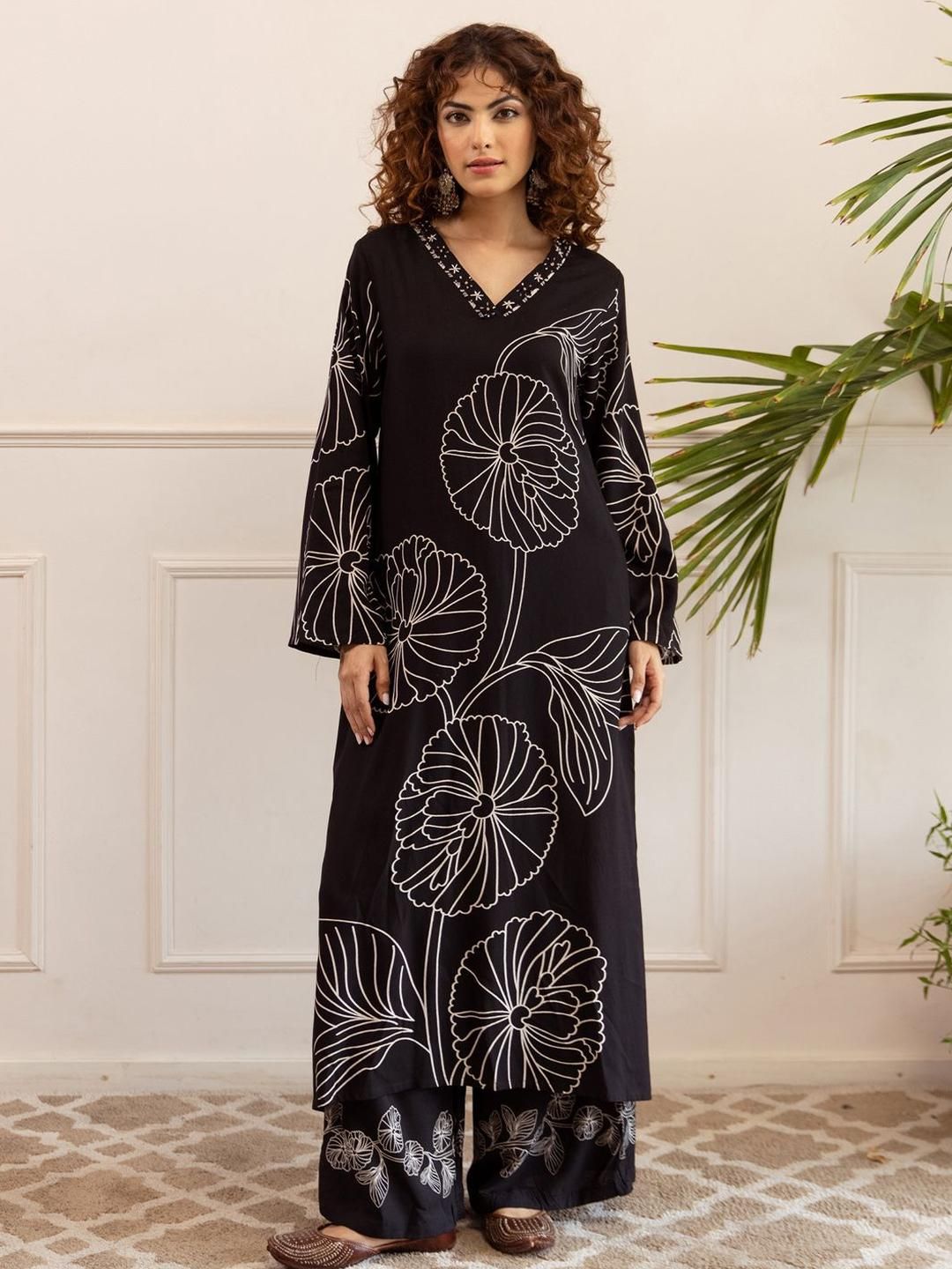 Dhiyona IE Printed Round Neck Long Sleeve Tunic With Trouser Co-Ords