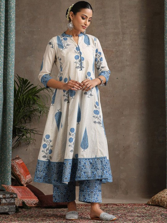 Women's Floral Printed Notch Neck Pure Cotton A-Line Kurta with Palazzos & Dupatta