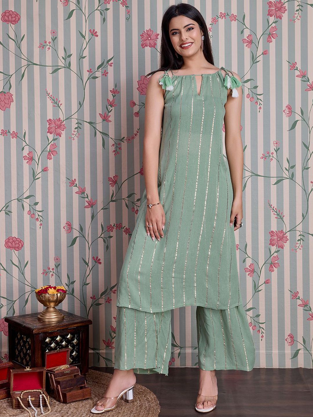 Dhiyona OD Striped Straight Kurta with Palazzos