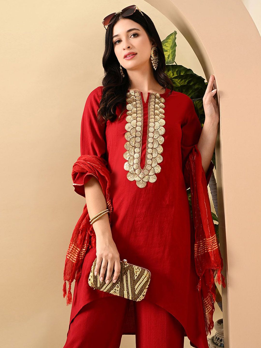 Dhiyona SN Women's Embroidered Keyhole Neck Bell Sleeves Kurta & Palazzos Set with dupatta
