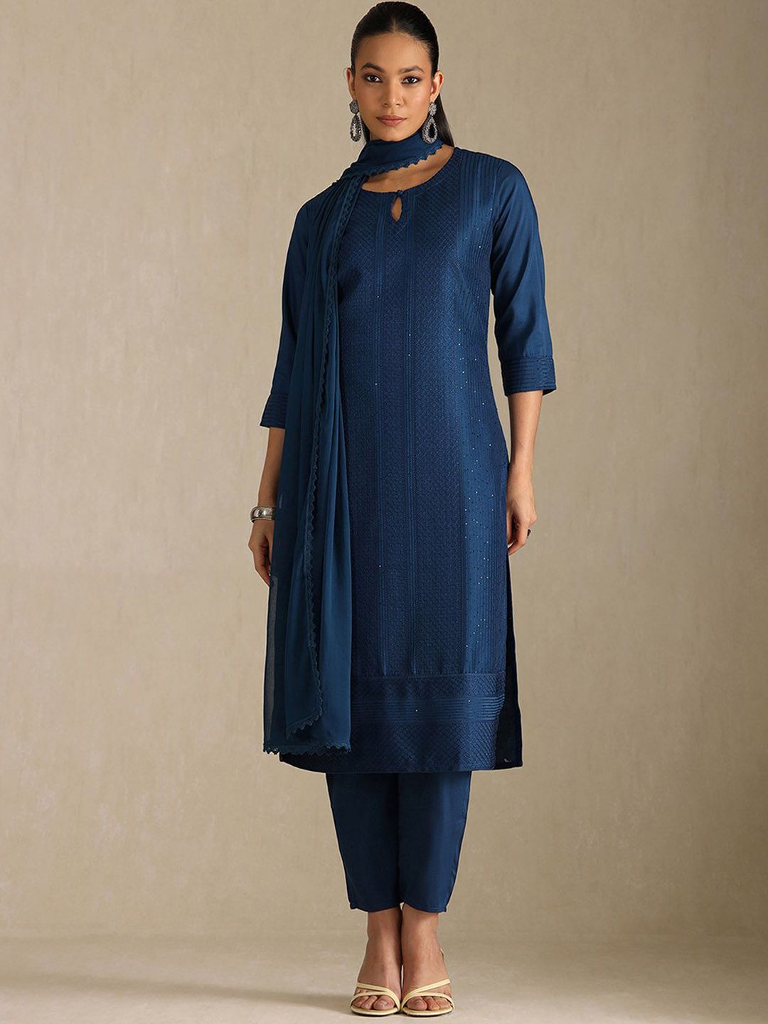 Dhiyona SO Women's Geometric Embroidered Keyhole Neck Sequinned Straight Kurta With Trousers & Dupatta