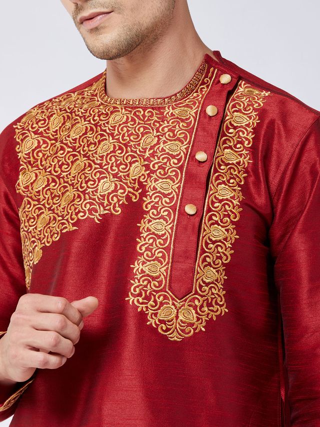Men's Maroon Silk Blend Angrakha Kurta and Dhoti Set