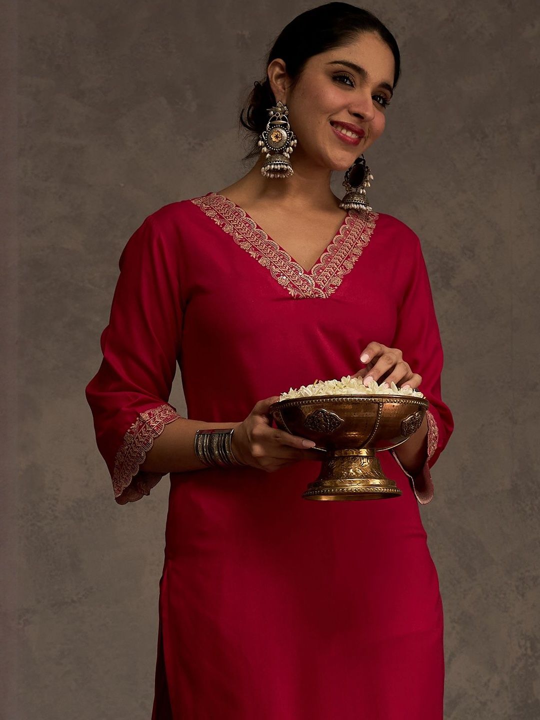 Embroidered Viscose Rayon Straight Thread Work Kurta With Trousers