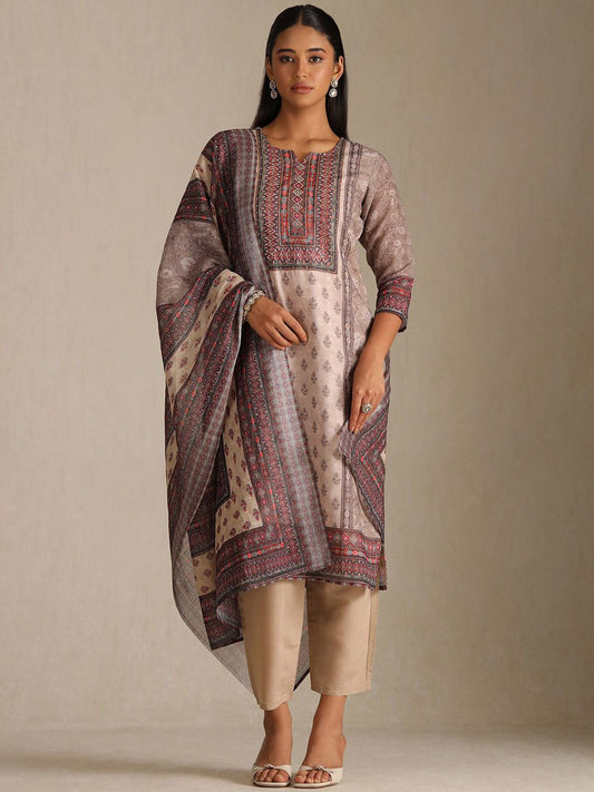 Dhiyona SO Women's Floral Printed Notch Neck Beads and Stones Linen Kurta With Trousers & Dupatta