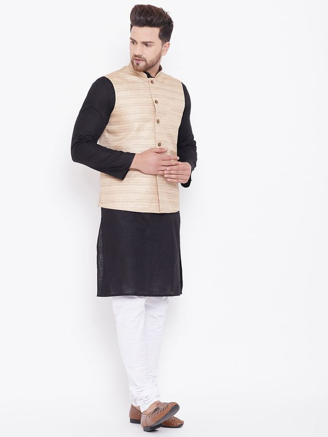Men's Black Cotton Blend Straight Jacket Kurta and Pyjama Set