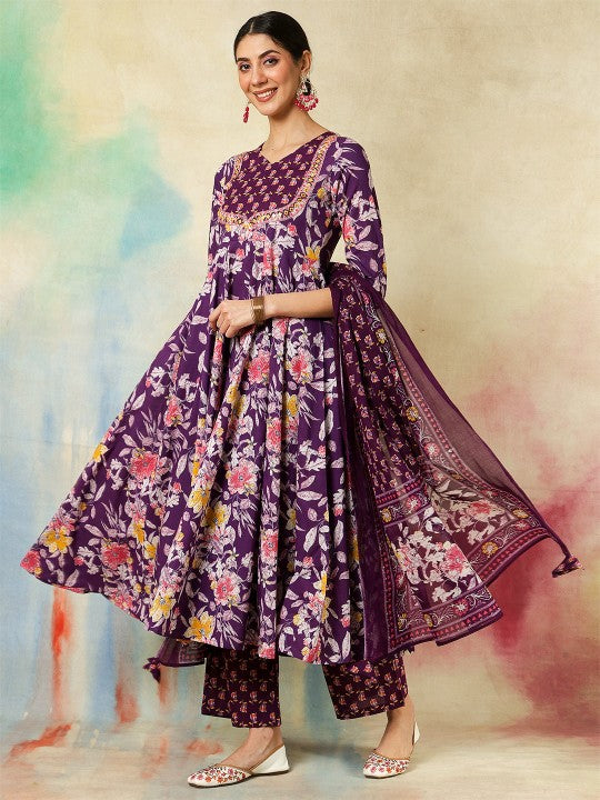 Women's Floral Printed V-Neck Pure Cotton Kurta With Palazzos And Dupatta