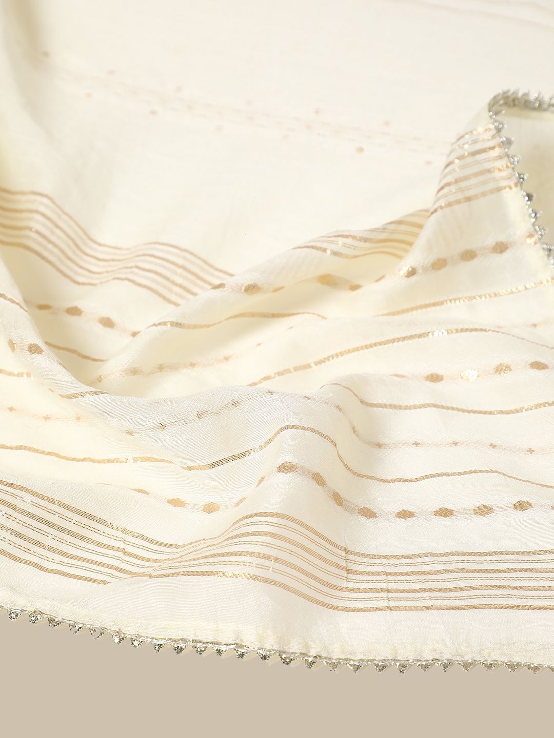 Dhiyona SO Women's Off White Floral Embroidered Round Neck Mirror Work Kurta With Trousers & Dupatta