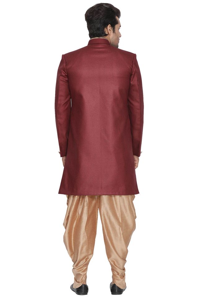 Men's Maroon Polyester Lurex Blend Straight Sherwani Set