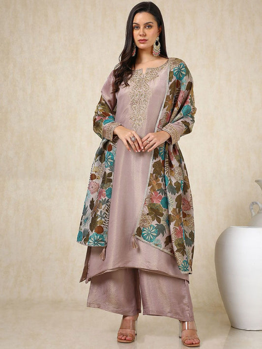 Dhiyona SO Women's Floral Embroidered Beads and Stones Straight Kurta with Palazzos & Dupatta