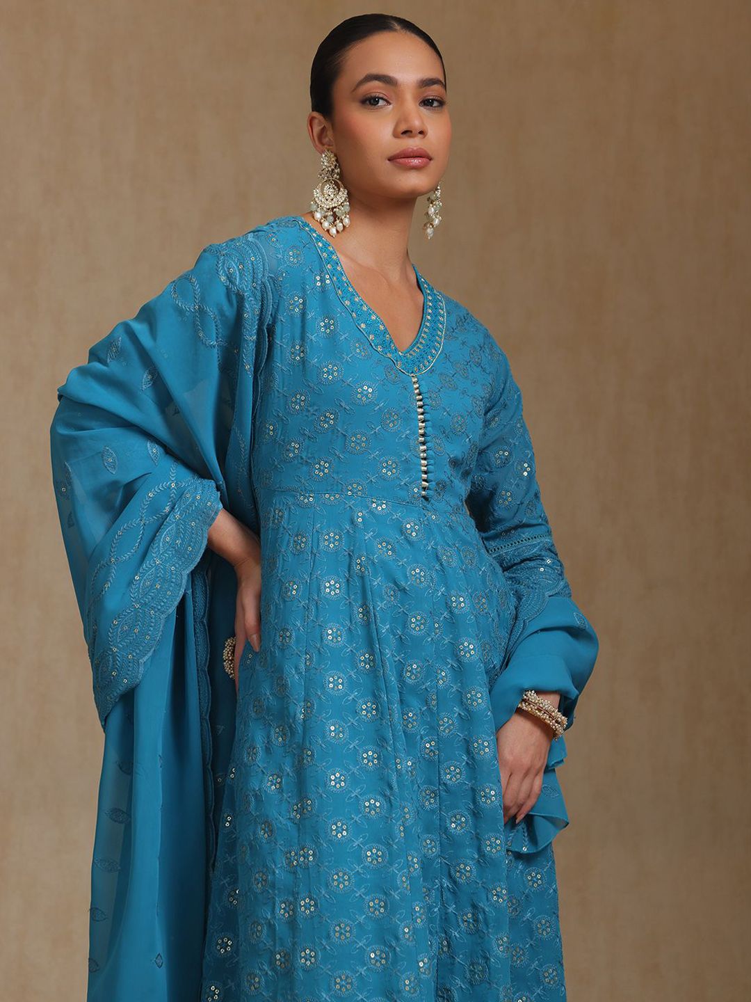 Dhiyona SO Women's Floral Embroidered V-Neck Sequinned Georgette A-Line Kurta With Trousers & Dupatta