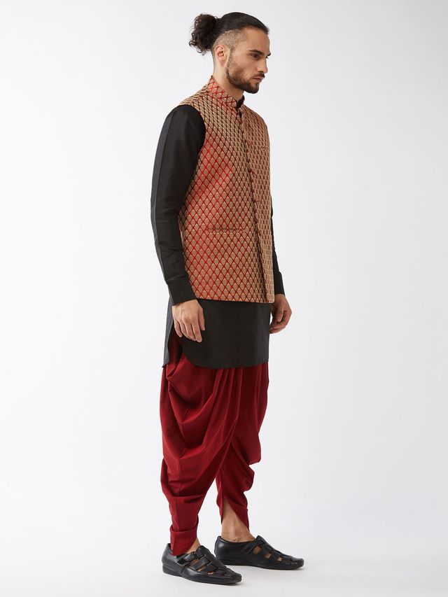 Men's Black Silk Blend Straight Jacket Kurta and Dhoti Set