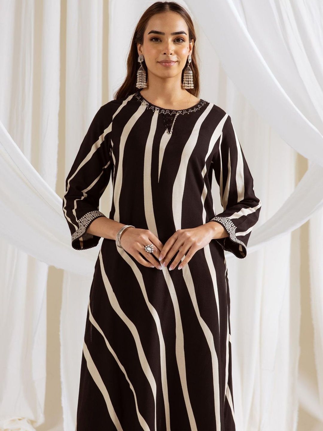 Women Striped Printed Beads and Stones Kurta with Palazzos