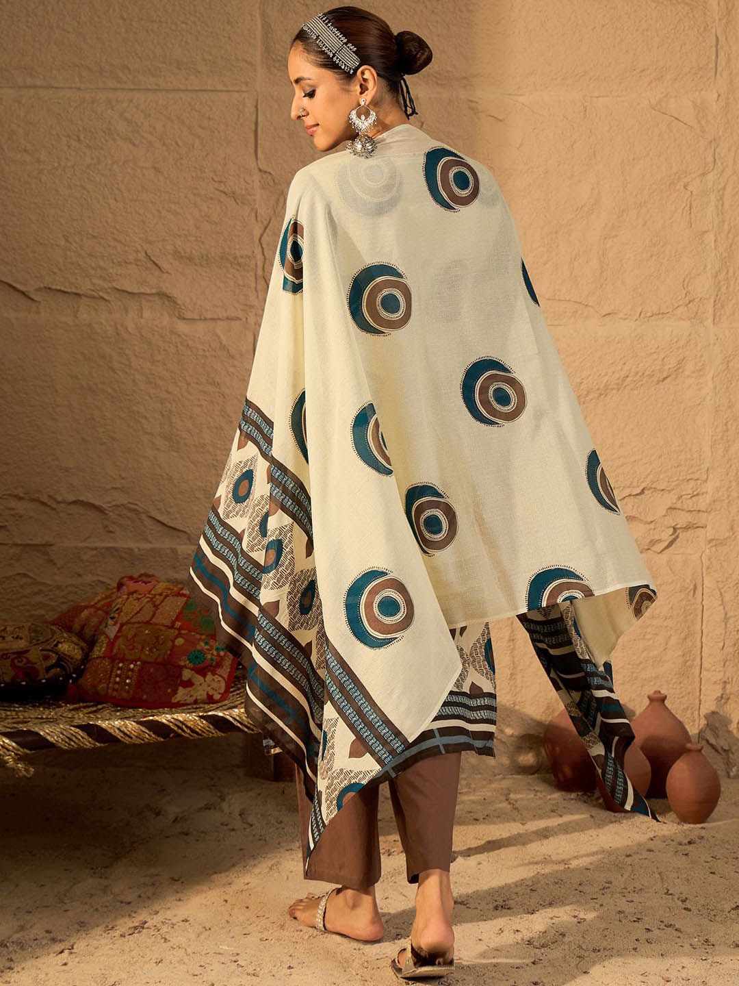 Dhiyona IE Women's Women Abstract Printed Cotton Kurta with Trousers & Dupatta