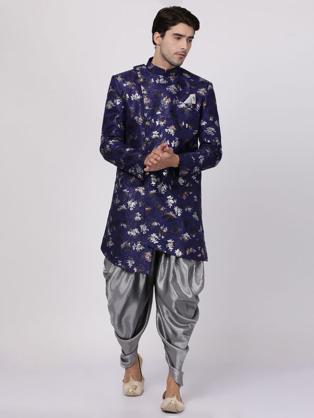 Men's Blue Polyester Lurex Blend Asymmetric Sherwani Set