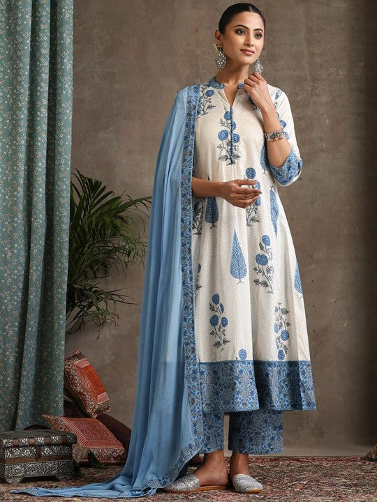 Women's Floral Printed Notch Neck Pure Cotton A-Line Kurta with Palazzos & Dupatta