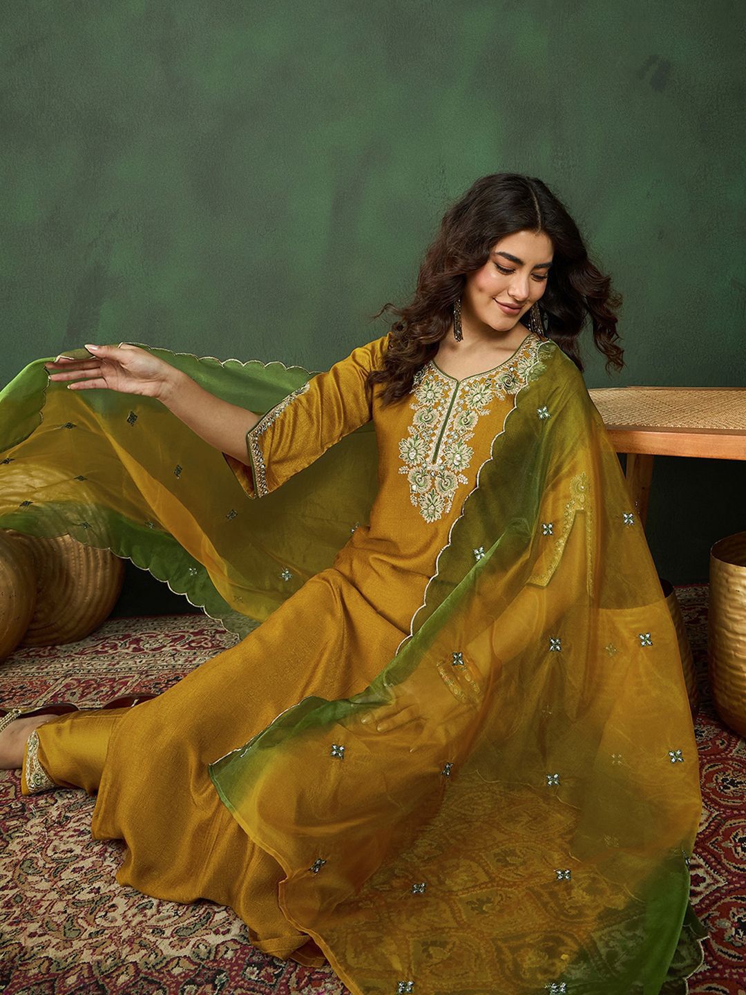 Dhiyona SN Women's Mustard Yellow & Green Floral Embroidered Zari Kurta With Trousers & Dupatta