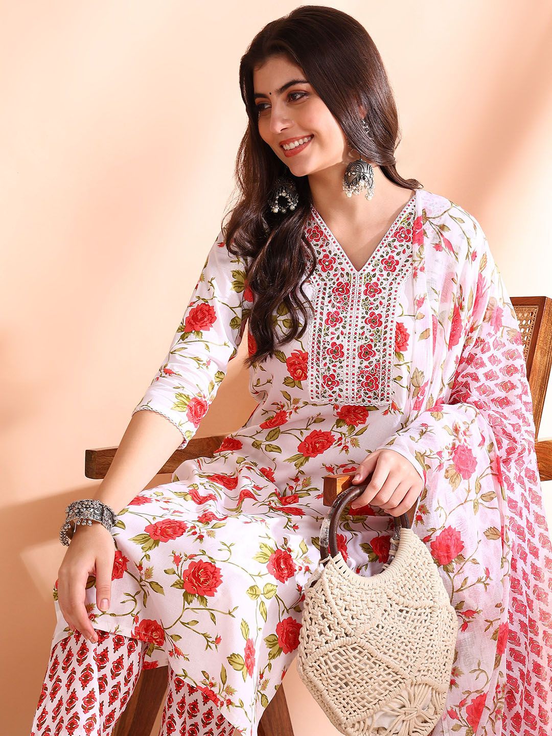 Dhiyona OD Floral Printed Pure Cotton Kurta with Trousers & Dupatta
