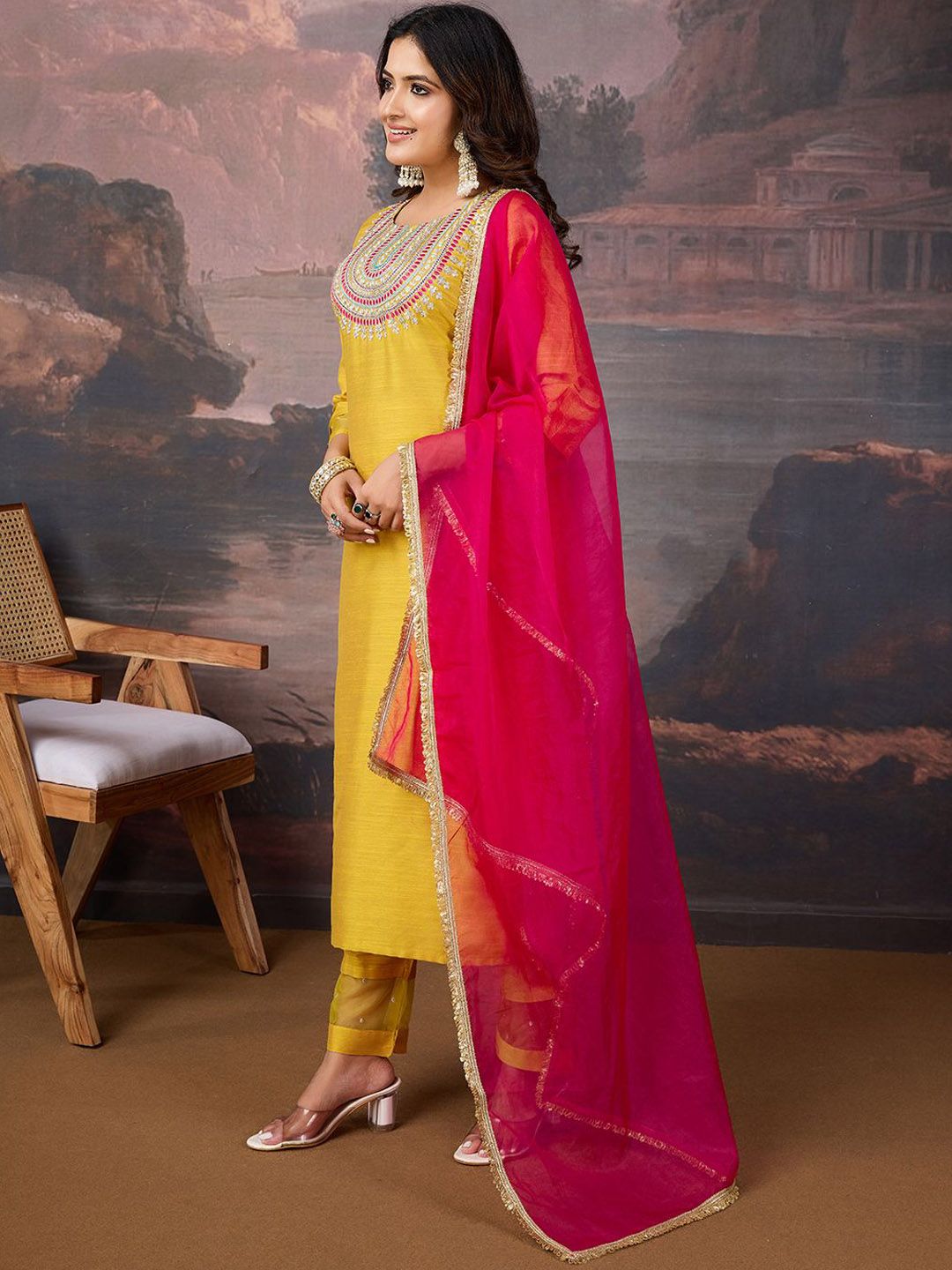 Dhiyona PD Women Embroidered Straight Kurta & Trousers With Dupatta