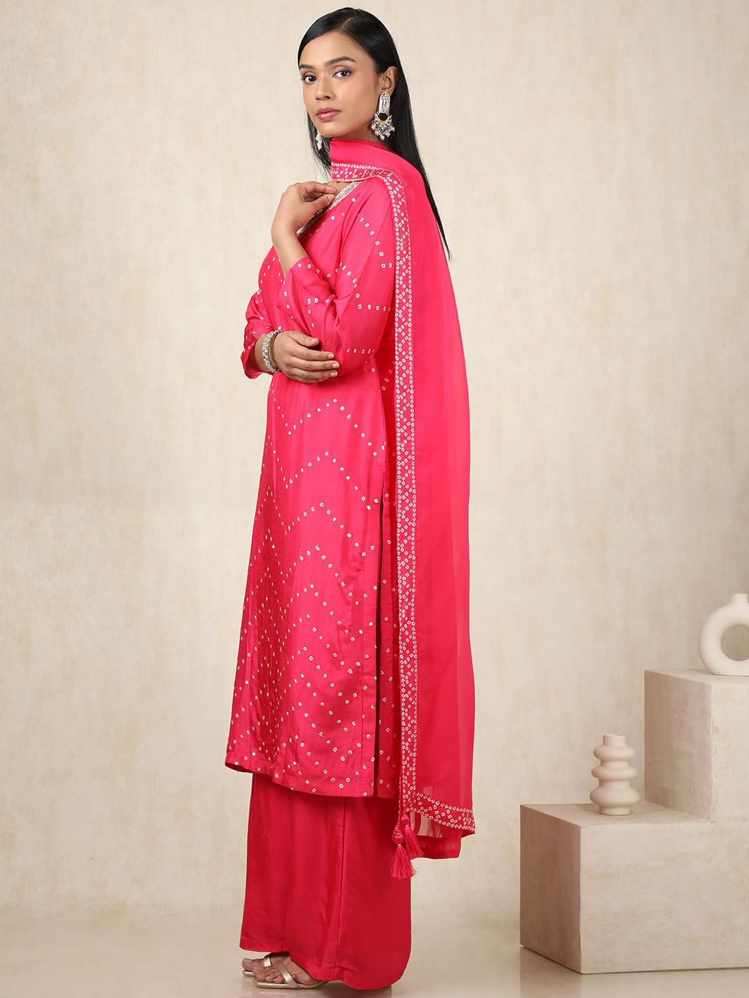 Dhiyona SO Women's Bandhani Printed V-Neck Sequinned Straight Kurta With Palazzos & Dupatta