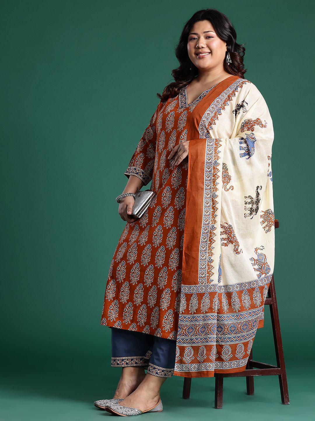 Plus Size Printed Regular Kurta with Palazzos & Dupatta