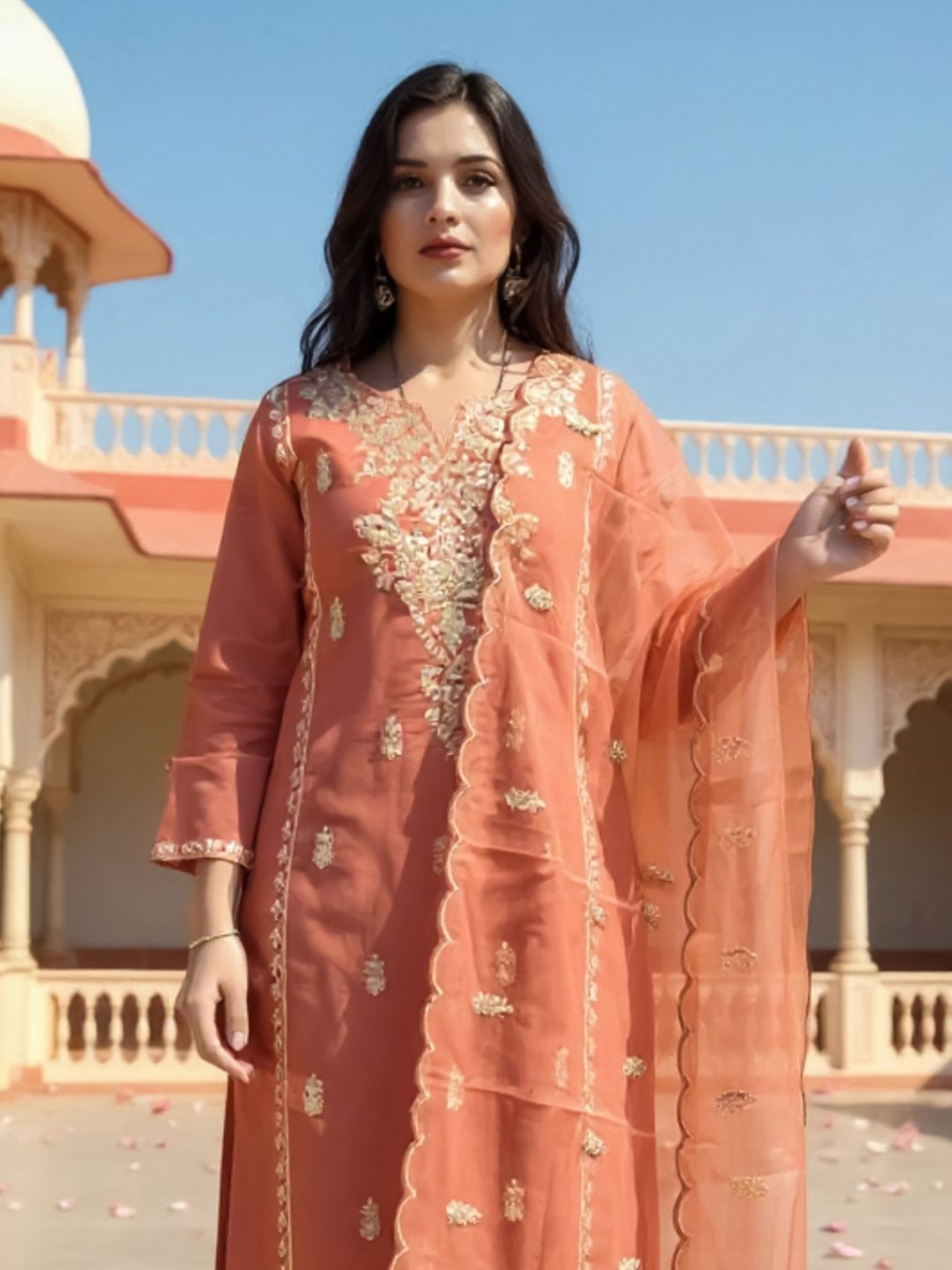 Dhiyona IE Women's Floral Embroidered Thread Work Straight Kurta With Trousers & Dupatta