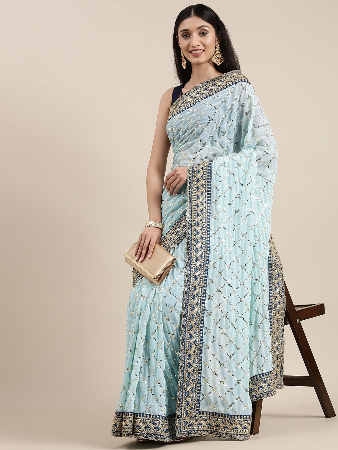 Dhiyona GR Women's Kaaveri Sea Green Heavy Georgette Sequence Embroidered Saree