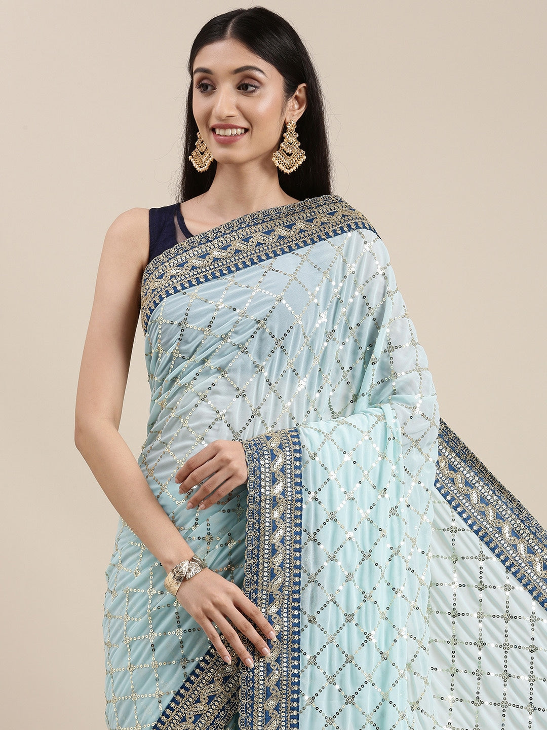 Dhiyona GR Women's Kaaveri Sea Green Heavy Georgette Sequence Embroidered Saree