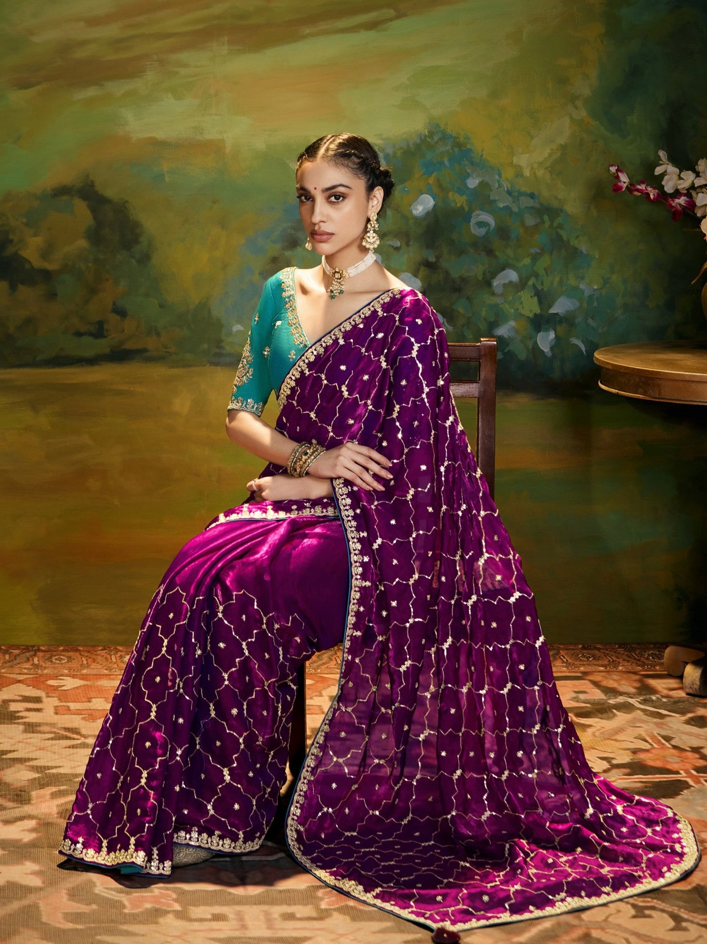 Dhiyona KM Women Maroon Designer Silk Saree With Sequin Work & Teal Blouse