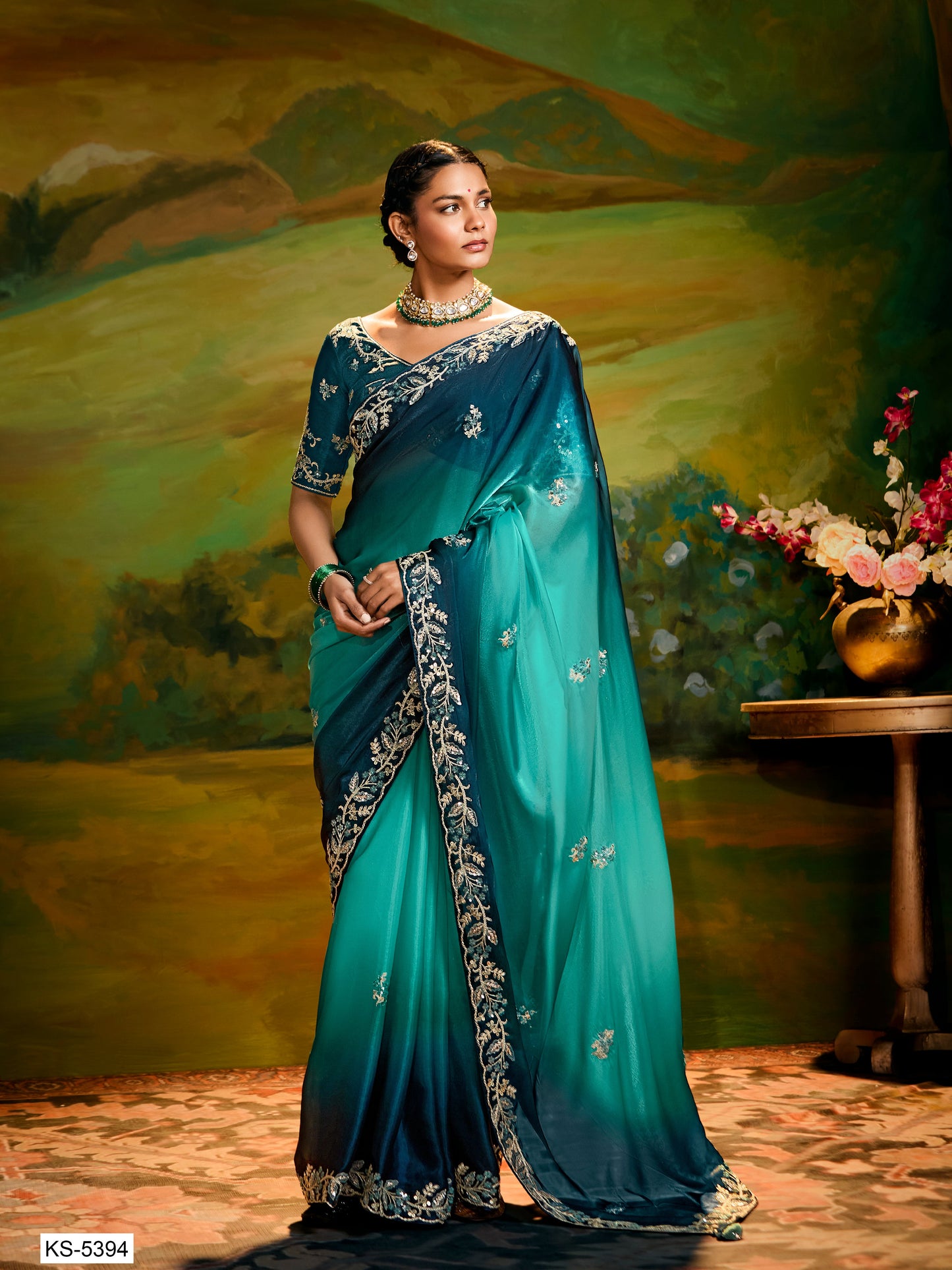 Dhiyona KM Women Peacock Grace: Dual Tone Saree With Zari & Sequin Embroidery