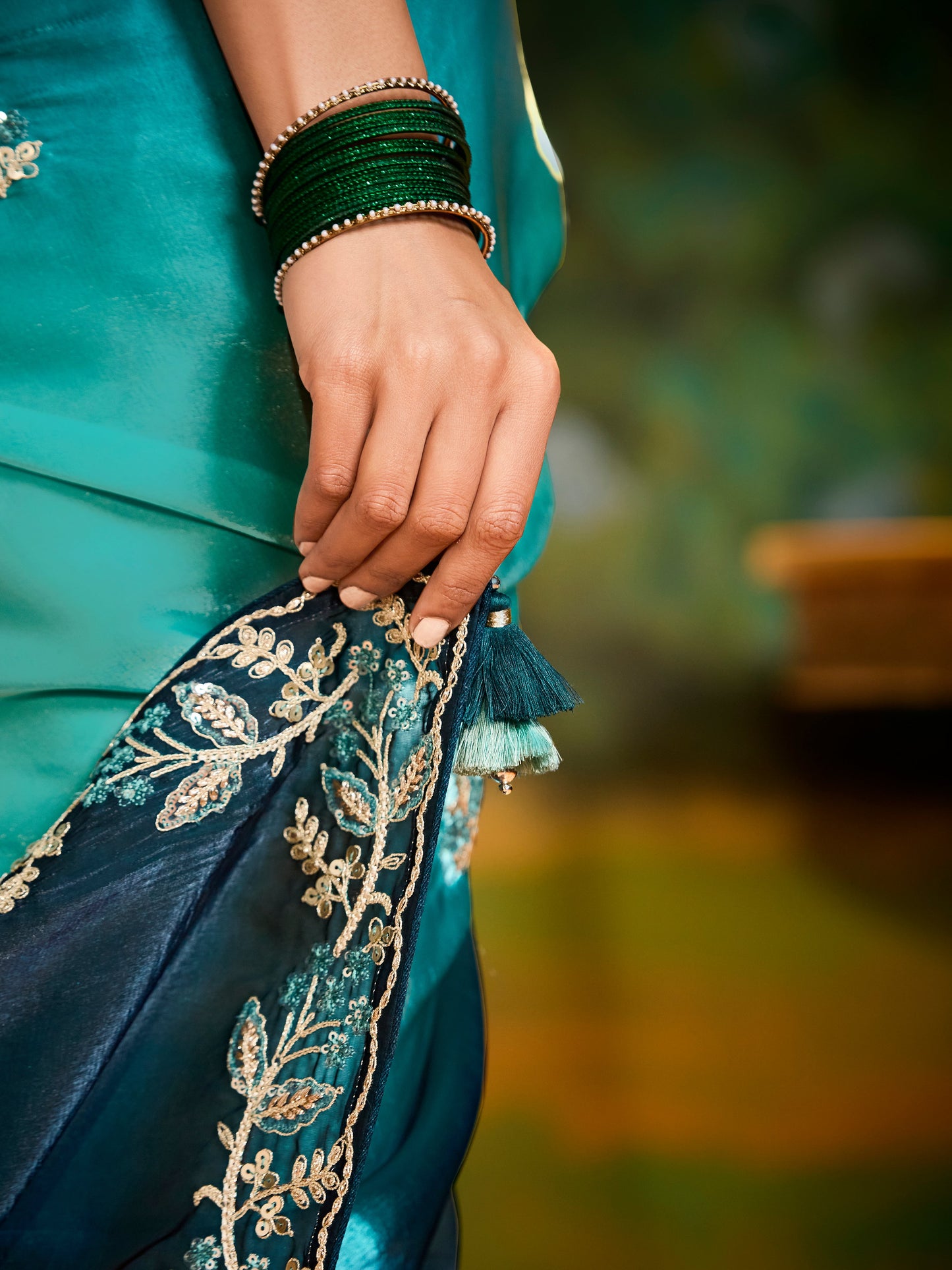 Dhiyona KM Women Peacock Grace: Dual Tone Saree With Zari & Sequin Embroidery