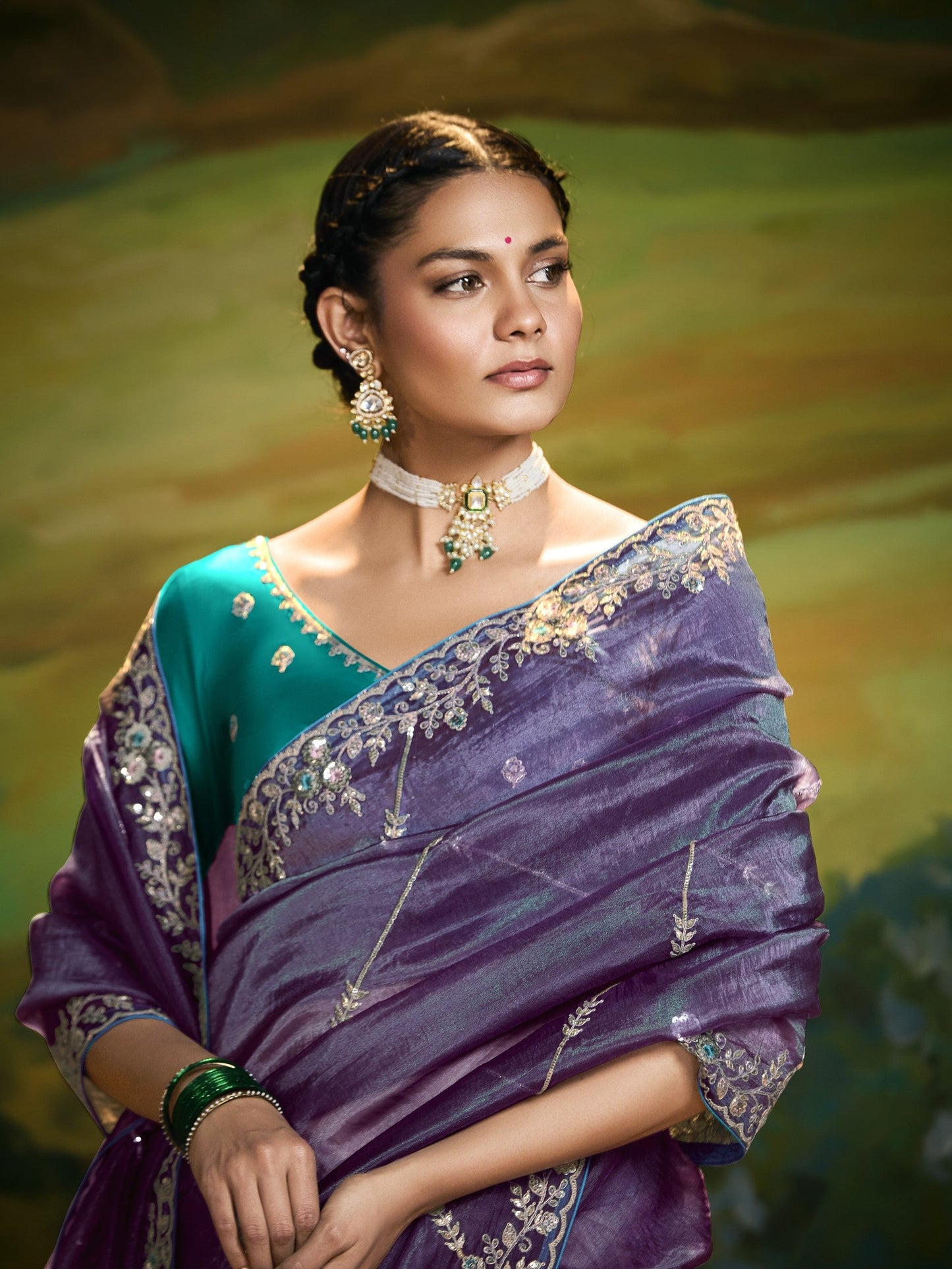 Dhiyona KM Women Lavender Organza Saree With Teal Blouse