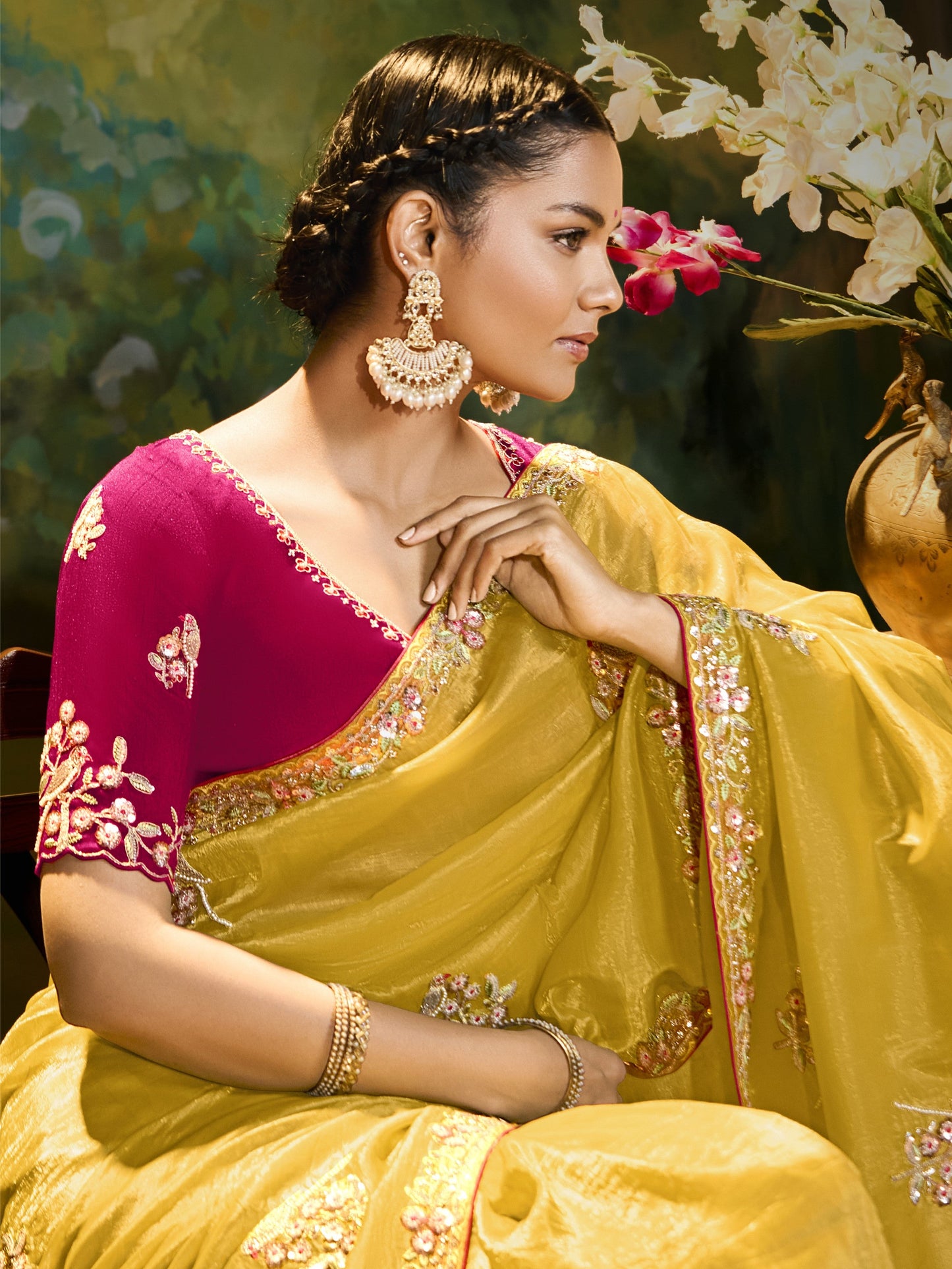 Dhiyona KM Women Sunshine Elegance: Yellow Silk Saree With Red Blouse & Colorful Embroidery