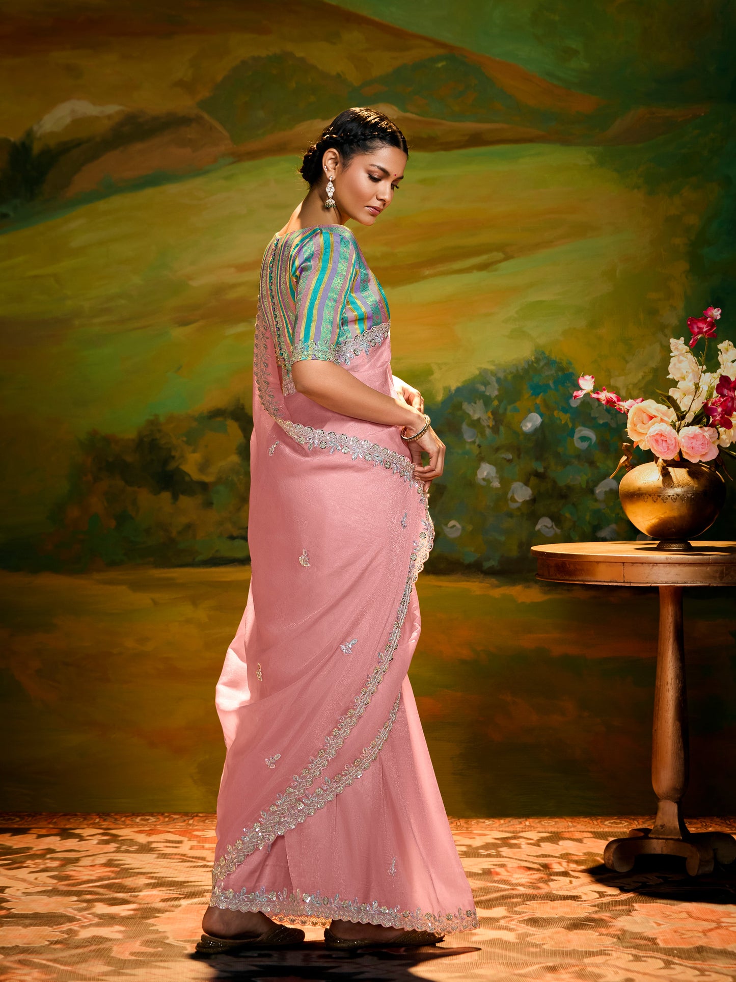 Dhiyona KM Women Embroidery Designer Peach Fancy Wedding Saree With Multi-Color Silk Blouse