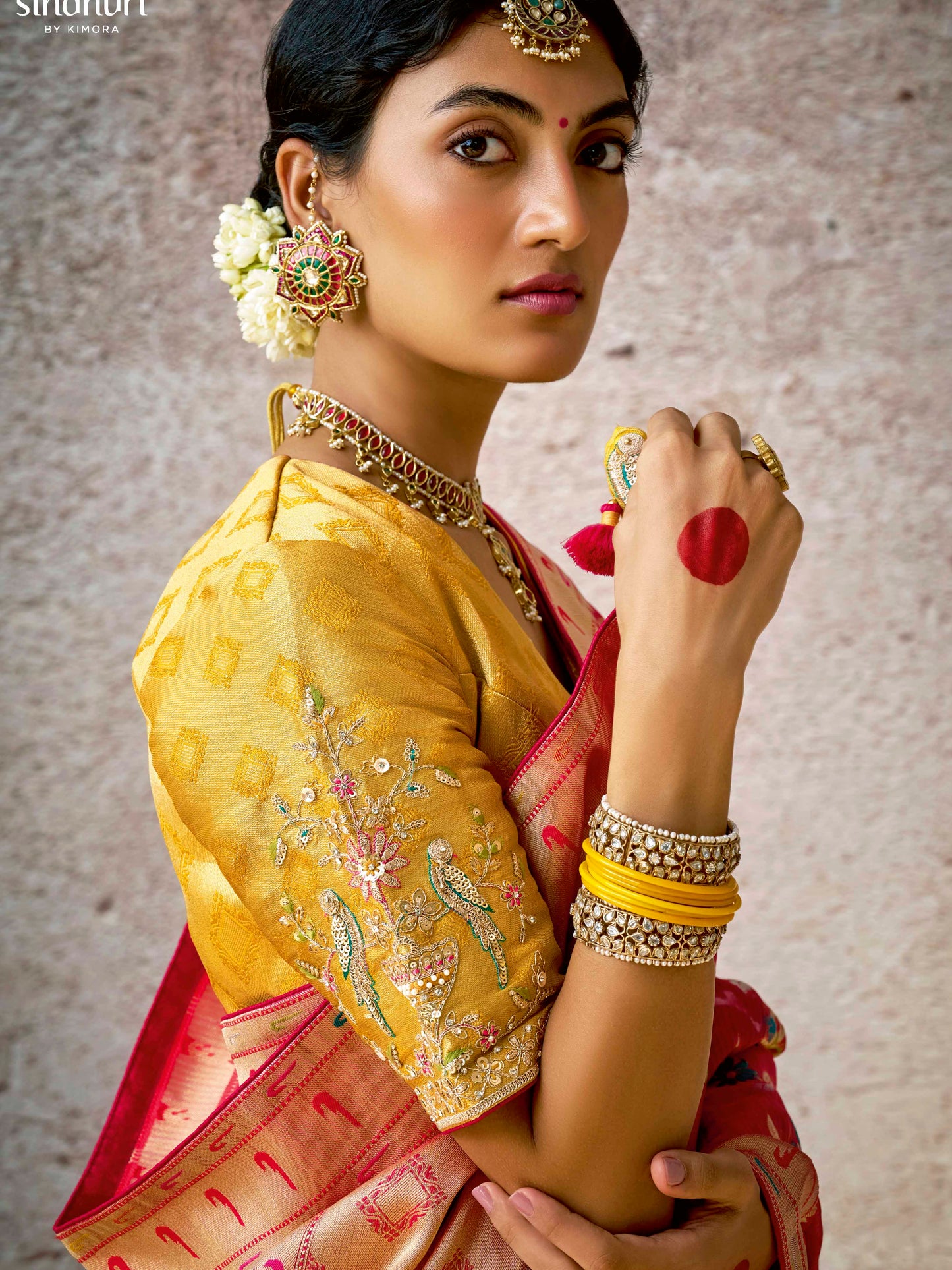 Dhiyona KM Women Classic Red Banarasi Silk Saree With Contrast Yellow Blouse