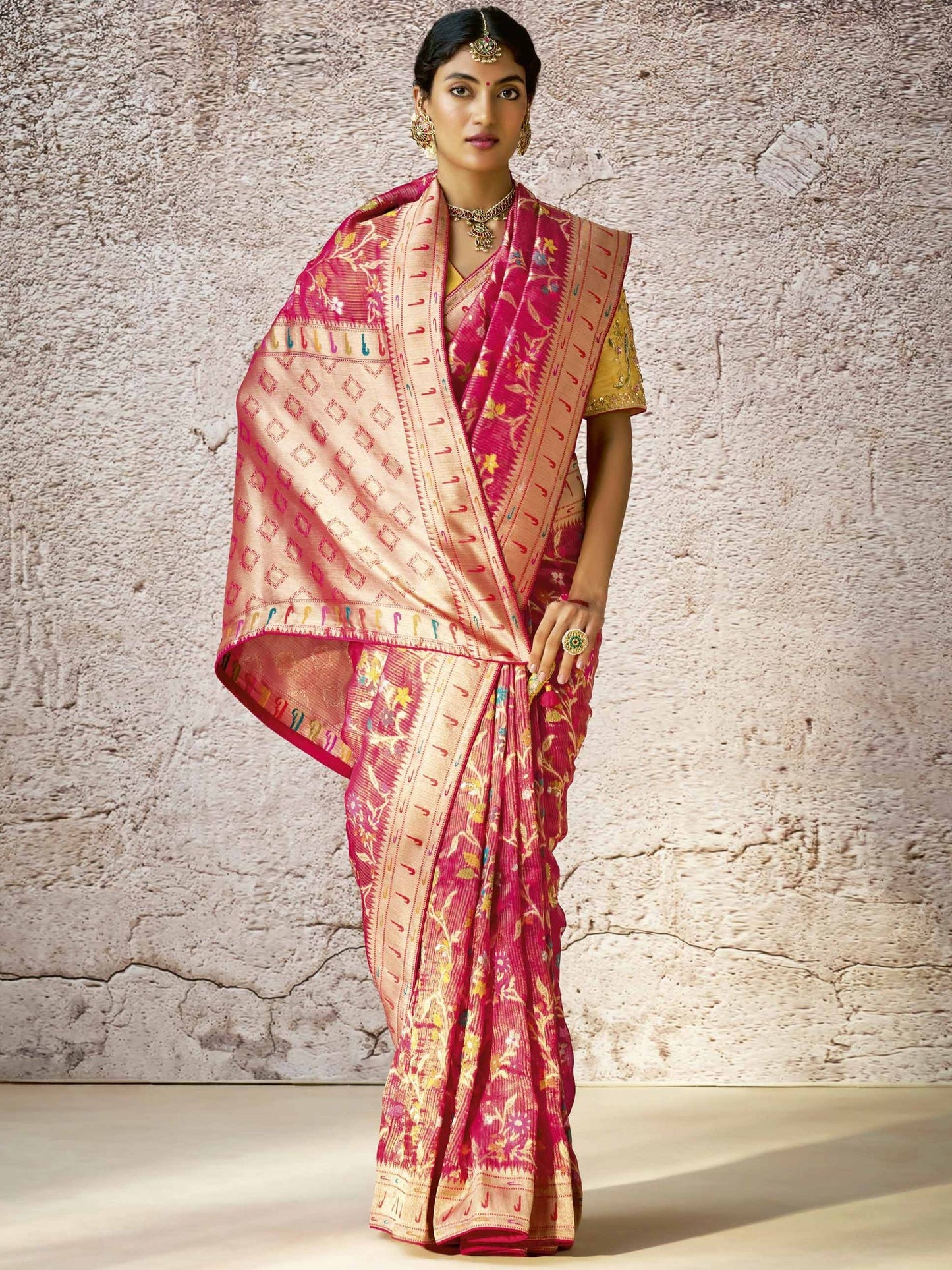 Dhiyona KM Women Classic Red Banarasi Silk Saree With Contrast Yellow Blouse