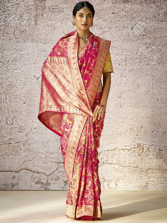 Dhiyona KM Women Classic Red Banarasi Silk Saree With Contrast Yellow Blouse