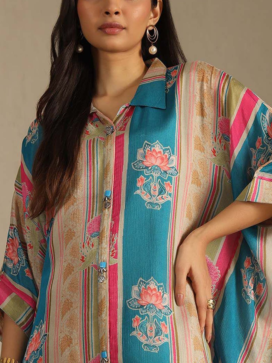 Dhiyona SO Women's Floral Printed Shirt Collar Beads And Stones Kaftan Kurta With Trousers