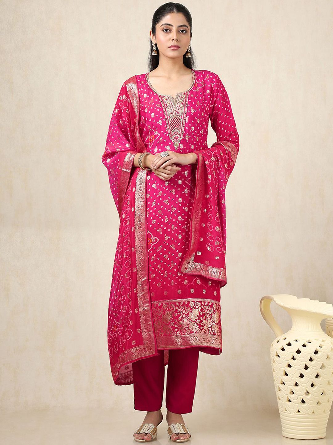 Dhiyona SO Women's Bandhani Printed Notch Neck Organza Sequinned Kurta With Trousers And Dupatta