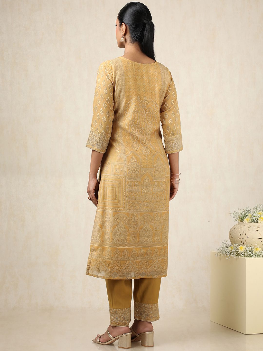 Dhiyona SO Women's Floral Printed Beads And Stones Chanderi Silk Straight Kurta With Trousers