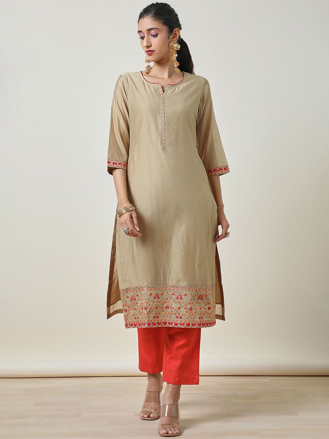 Dhiyona SO Women's Beige Floral Embroidered Thread Work Chanderi Silk Kurta With Trousers & Dupatta