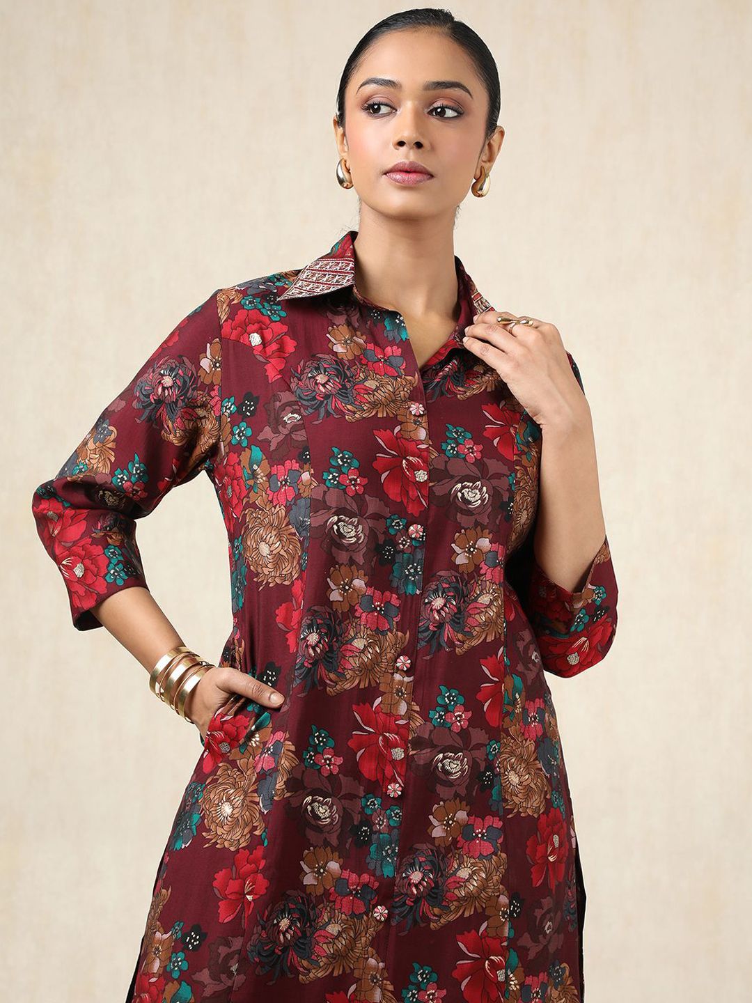Dhiyona SO Women's Floral Printed Shirt Collar Panelled Muslin Straight Kurta With Trouser