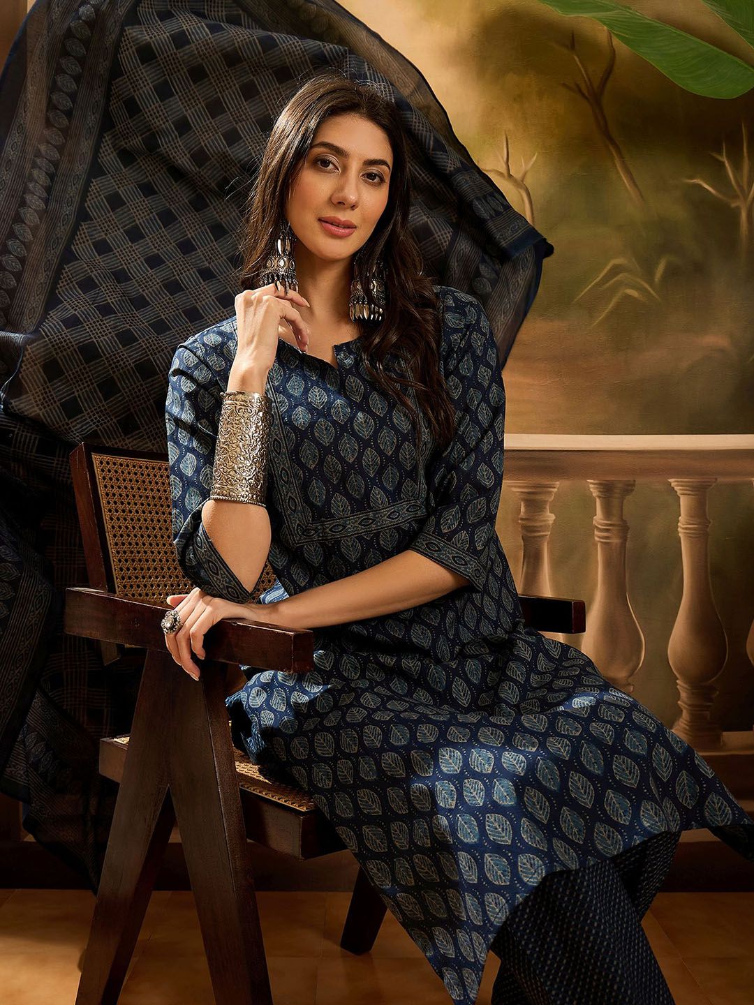 Dhiyona SN Women's Floral Printed Pure Cotton Straight Kurta With Trousers & Dupatta